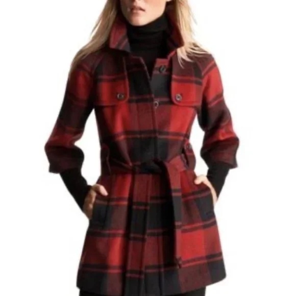 NEW GAP Christmas holiday wool red w black plaid  3/4 sleeve Jacket Coat S - Picture 17 of 17